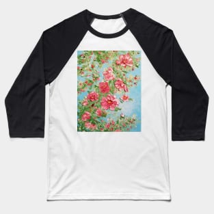 Pink Floral Vine, Flowers Painting, Pink Flowers on Green, Flowers on the vine, Vintage Pink and Green Flowers Art Baseball T-Shirt